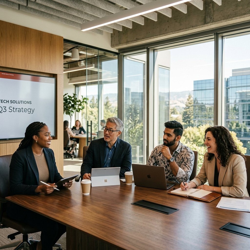 Collaborative tech team in modern office environment