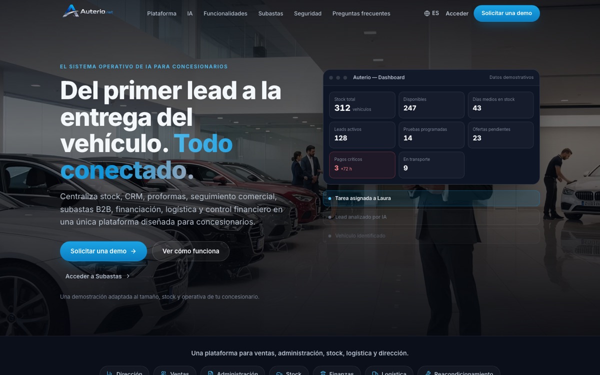 Página de Auterio con panel de datos demostrativos