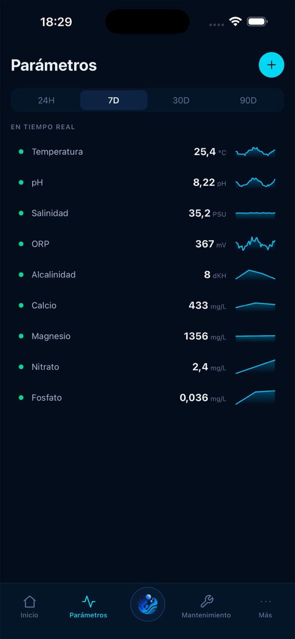 Pantallas de la app BUBBLO: panel del acuario y parámetros